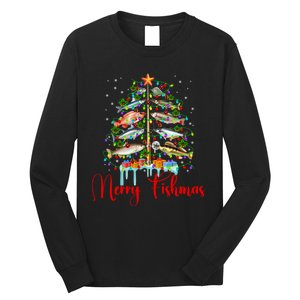 Merry Fishmas Funny Christmas Tree Lights Fish Fishing Rod Long Sleeve Shirt