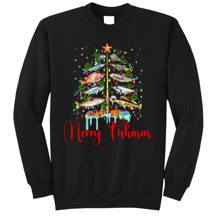 Merry Fishmas Funny Christmas Tree Lights Fish Fishing Rod Sweatshirt