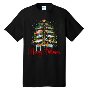 Merry Fishmas Funny Christmas Tree Lights Fish Fishing Rod Tall T-Shirt