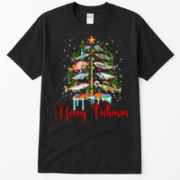 Merry Fishmas Funny Christmas Tree Lights Fish Fishing Rod Tall T-Shirt