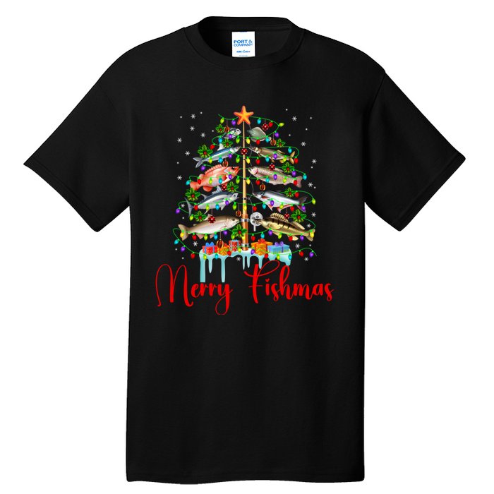 Merry Fishmas Funny Christmas Tree Lights Fish Fishing Rod Tall T-Shirt