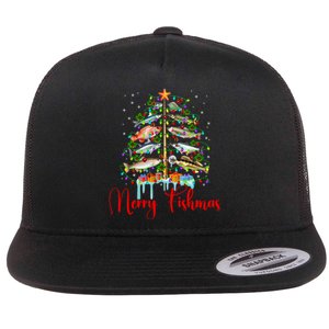 Merry Fishmas Funny Christmas Tree Lights Fish Fishing Rod Flat Bill Trucker Hat