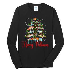 Merry Fishmas Funny Christmas Tree Lights Fish Fishing Rod Tall Long Sleeve T-Shirt