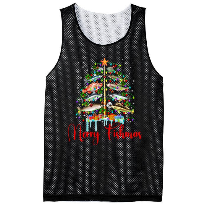 Merry Fishmas Funny Christmas Tree Lights Fish Fishing Rod Mesh Reversible Basketball Jersey Tank