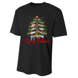 Merry Fishmas Funny Christmas Tree Lights Fish Fishing Rod Performance Sprint T-Shirt