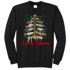 Merry Fishmas Funny Christmas Tree Lights Fish Fishing Rod Tall Sweatshirt