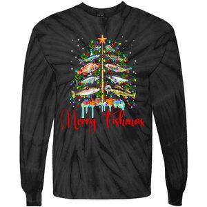 Merry Fishmas Funny Christmas Tree Lights Fish Fishing Rod Tie-Dye Long Sleeve Shirt