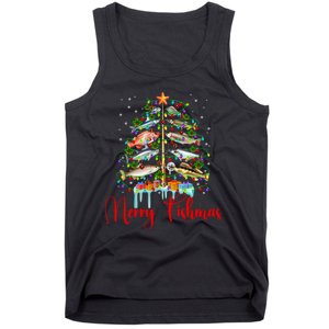 Merry Fishmas Funny Christmas Tree Lights Fish Fishing Rod Tank Top