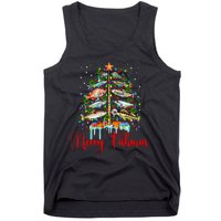 Merry Fishmas Funny Christmas Tree Lights Fish Fishing Rod Tank Top