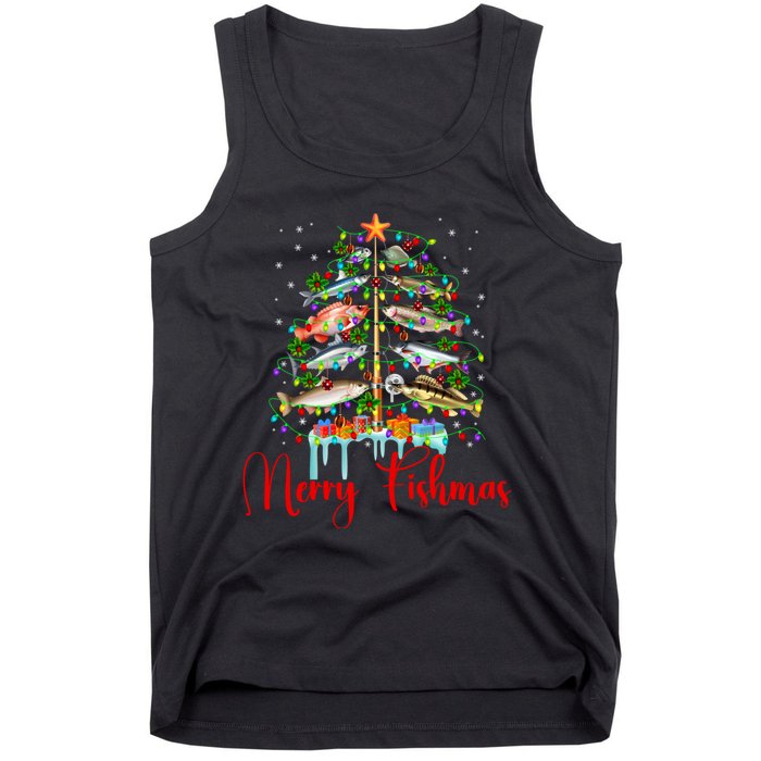 Merry Fishmas Funny Christmas Tree Lights Fish Fishing Rod Tank Top