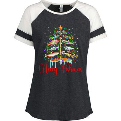 Merry Fishmas Funny Christmas Tree Lights Fish Fishing Rod Enza Ladies Jersey Colorblock Tee