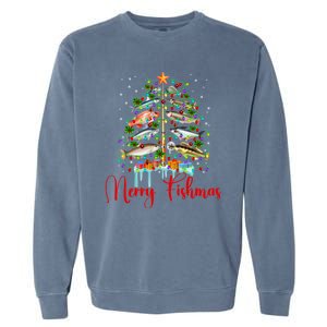 Merry Fishmas Funny Christmas Tree Lights Fish Fishing Rod Garment-Dyed Sweatshirt