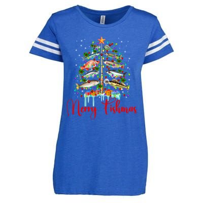 Merry Fishmas Funny Christmas Tree Lights Fish Fishing Rod Enza Ladies Jersey Football T-Shirt