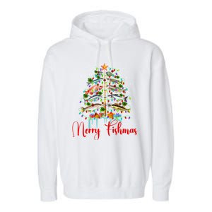 Merry Fishmas Funny Christmas Tree Lights Fish Fishing Rod Garment-Dyed Fleece Hoodie