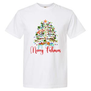 Merry Fishmas Funny Christmas Tree Lights Fish Fishing Rod Garment-Dyed Heavyweight T-Shirt