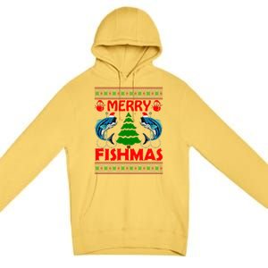 Merry Fishmas Funny Fish Fishing Ugly Christmas Premium Pullover Hoodie