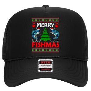 Merry Fishmas Funny Fish Fishing Ugly Christmas High Crown Mesh Back Trucker Hat