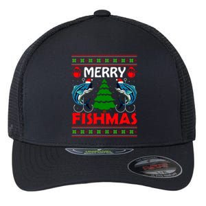 Merry Fishmas Funny Fish Fishing Ugly Christmas Flexfit Unipanel Trucker Cap