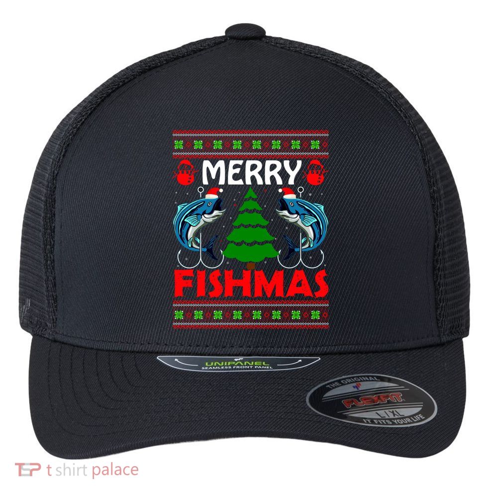 Merry Fishmas Funny Fish Fishing Ugly Christmas Flexfit Unipanel Trucker Cap