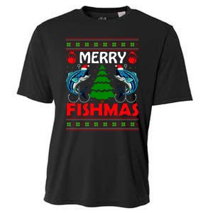 Merry Fishmas Funny Fish Fishing Ugly Christmas Cooling Performance Crew T-Shirt