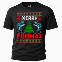 Merry Fishmas Funny Fish Fishing Ugly Christmas Cooling Performance Crew T-Shirt