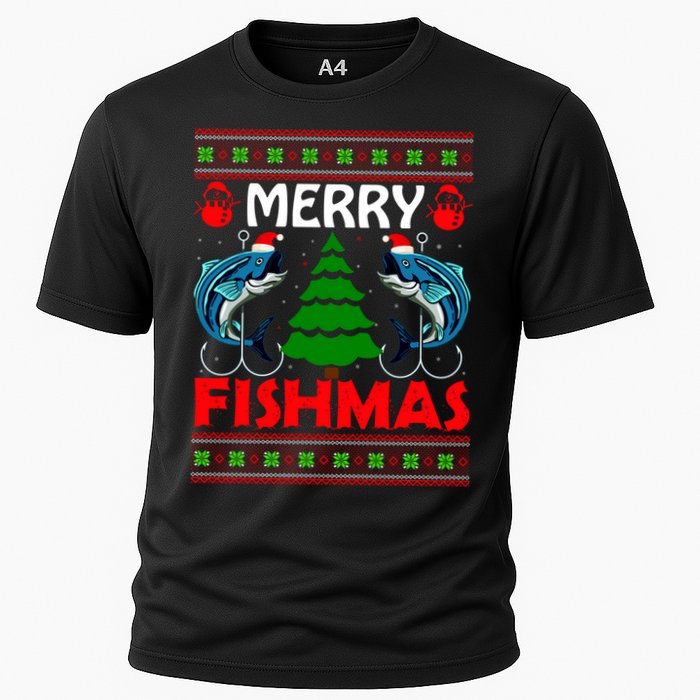 Merry Fishmas Funny Fish Fishing Ugly Christmas Cooling Performance Crew T-Shirt