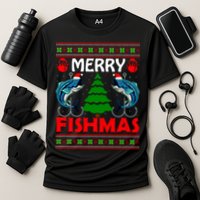 Merry Fishmas Funny Fish Fishing Ugly Christmas Cooling Performance Crew T-Shirt