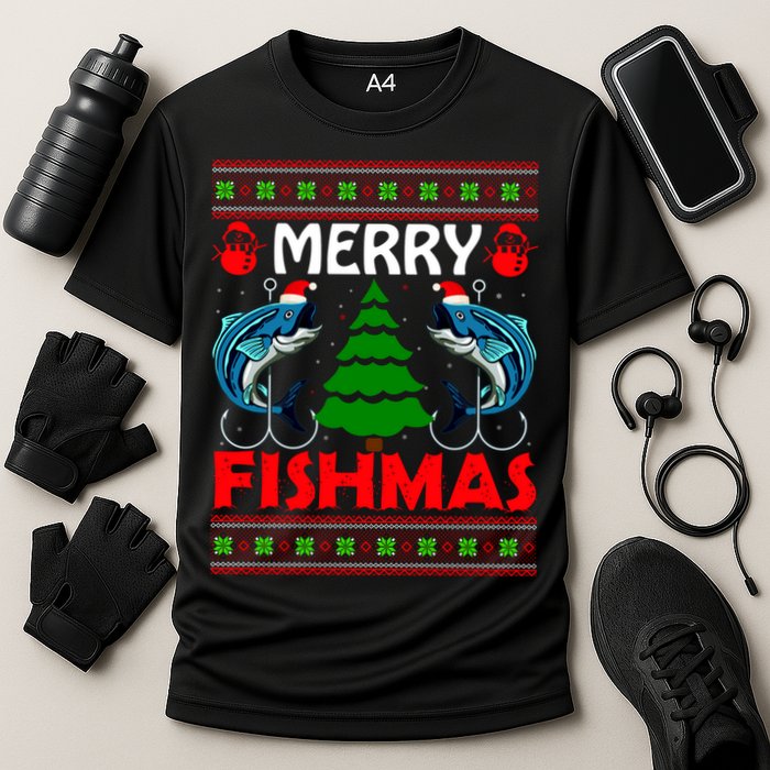 Merry Fishmas Funny Fish Fishing Ugly Christmas Cooling Performance Crew T-Shirt