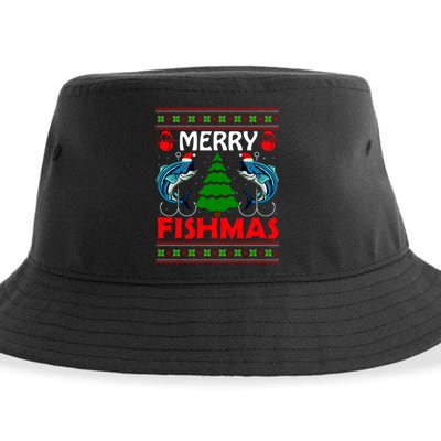 Merry Fishmas Funny Fish Fishing Ugly Christmas Sustainable Bucket Hat