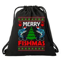 Merry Fishmas Funny Fish Fishing Ugly Christmas Drawstring Bag