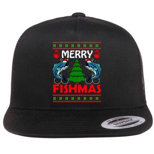 Merry Fishmas Funny Fish Fishing Ugly Christmas Flat Bill Trucker Hat