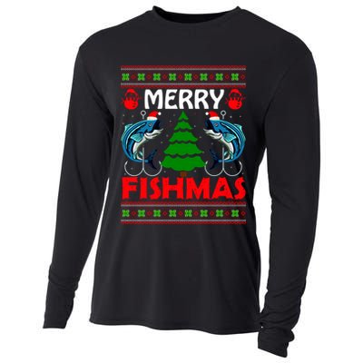 Merry Fishmas Funny Fish Fishing Ugly Christmas Cooling Performance Long Sleeve Crew