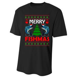 Merry Fishmas Funny Fish Fishing Ugly Christmas Performance Sprint T-Shirt