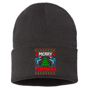 Merry Fishmas Funny Fish Fishing Ugly Christmas Sustainable Knit Beanie