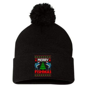 Merry Fishmas Funny Fish Fishing Ugly Christmas Pom Pom 12in Knit Beanie