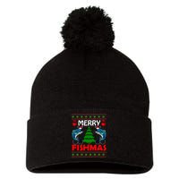 Merry Fishmas Funny Fish Fishing Ugly Christmas Pom Pom 12in Knit Beanie