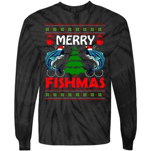 Merry Fishmas Funny Fish Fishing Ugly Christmas Tie-Dye Long Sleeve Shirt