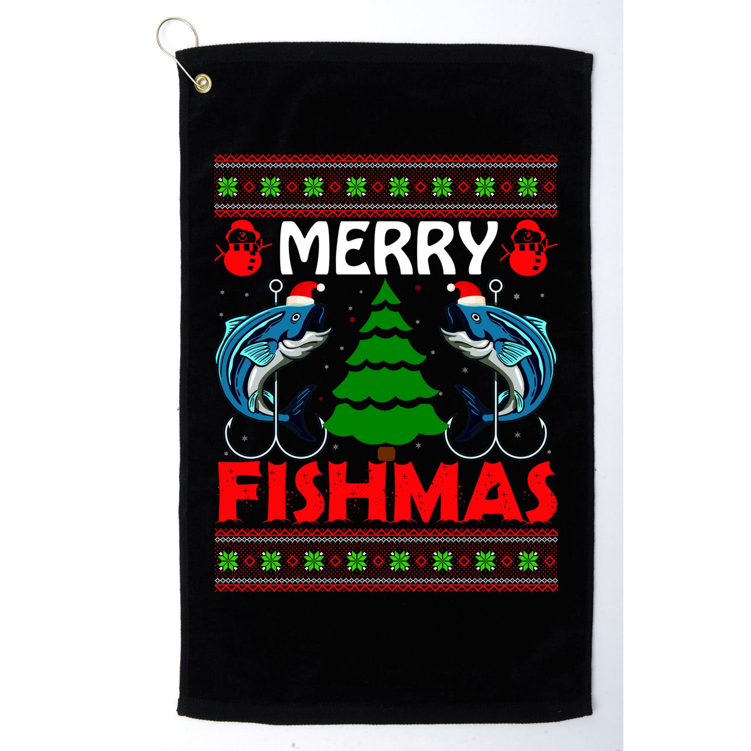 Merry Fishmas Funny Fish Fishing Ugly Christmas Golf Towel