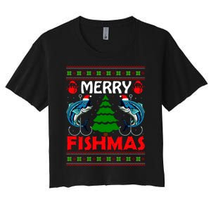 Merry Fishmas Funny Fish Fishing Ugly Christmas Women's Crop Top Tee