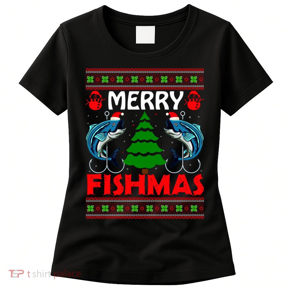 Merry Fishmas Funny Fish Fishing Ugly Christmas Womens T-Shirt