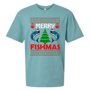 Merry Fishmas Funny Fish Fishing Ugly Christmas Sueded Cloud Jersey T-Shirt