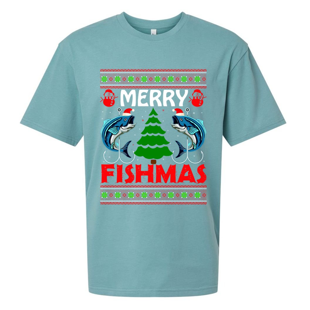 Merry Fishmas Funny Fish Fishing Ugly Christmas Sueded Cloud Jersey T-Shirt