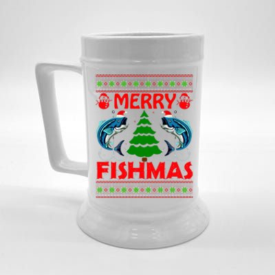 Merry Fishmas Funny Fish Fishing Ugly Christmas Beer Stein