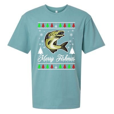 Merry Fishmas Funny Fisher Christmas Funny Gift Sueded Cloud Jersey T-Shirt