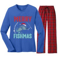 Merry Fishmas Funny Christmas For Family Fish Fisher Gift Women's Long Sleeve Flannel Pajama Set 