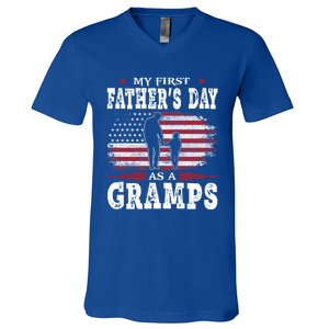 My First Fathers Day As A Gramps American Flag New Grandpa Great Gift V-Neck T-Shirt