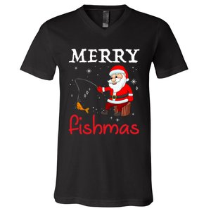 Merry Fishmas Funny Santa Claus Fishing Puns Christmas Fish V-Neck T-Shirt