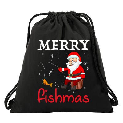 Merry Fishmas Funny Santa Claus Fishing Puns Christmas Fish Drawstring Bag