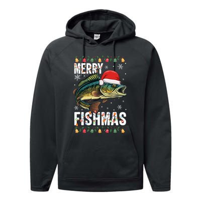 Merry Fishmas Funny Fishing Christmas Pajama Fishers Performance Fleece Hoodie