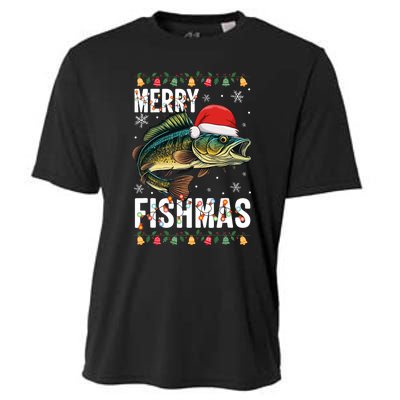 Merry Fishmas Funny Fishing Christmas Pajama Fishers Cooling Performance Crew T-Shirt